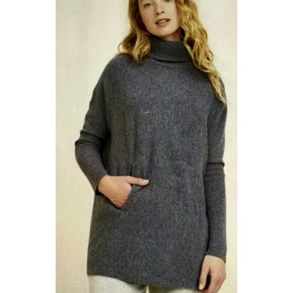 Garnet Hill Cashmere Wool Turtleneck Sweater XS Gray Oversized Pockets Cozy - Picture 1 of 9